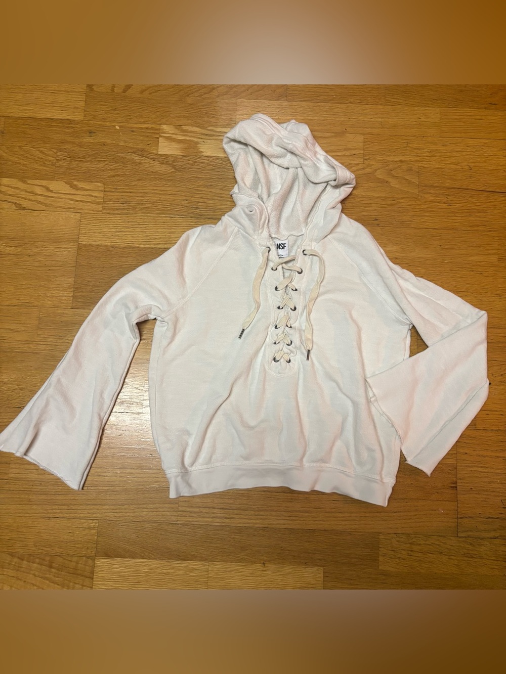 NSF White Lace Up Cotton Preppy Coastal Boho Bell Sleeve Soft Girl Hoodie S